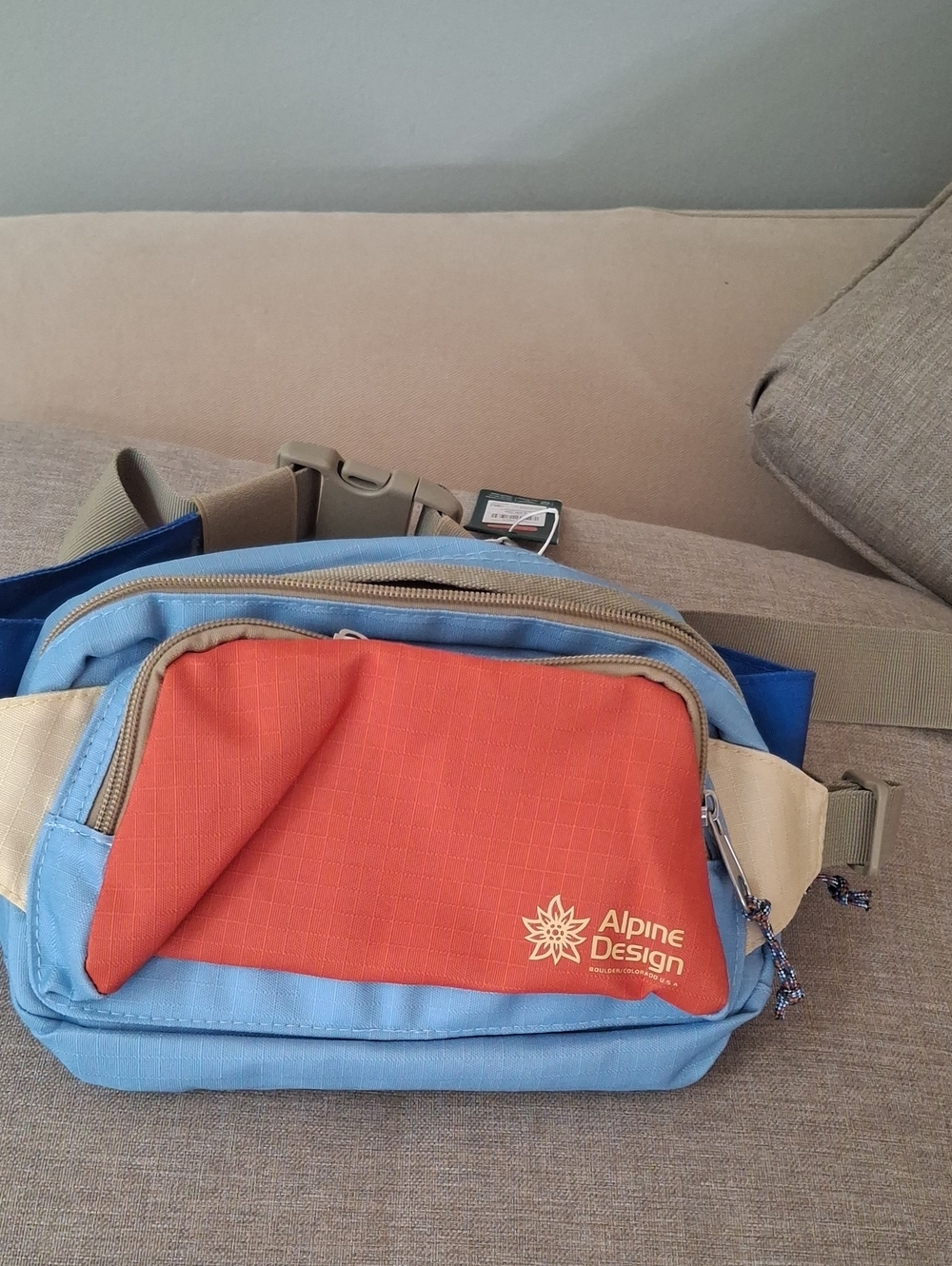 Alpine Design Men's Orange and Light Blue Waist Pack with Tan Strap